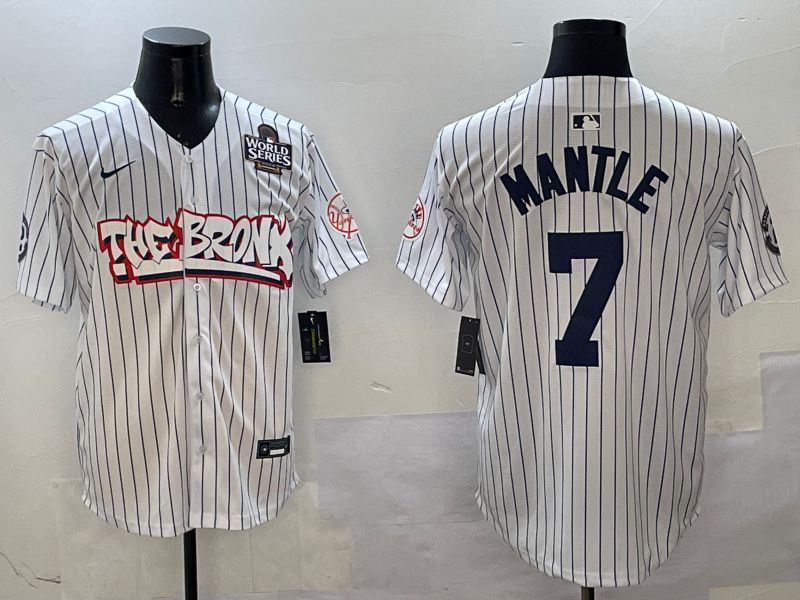 Men New York Yankees #7 Mantle White Stripe four generations Joint Name 2025 Nike MLB Jersey style 3